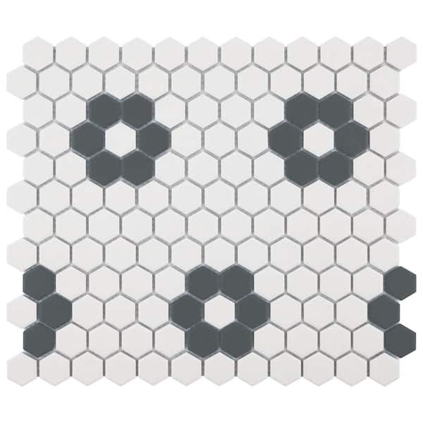 Merola Tile Gotham 1 in. Hex White with Black Flower 10-1/4 in. x 11-3/4 in. Porcelain Mosaic Tile (8.6 sq. ft./Case)