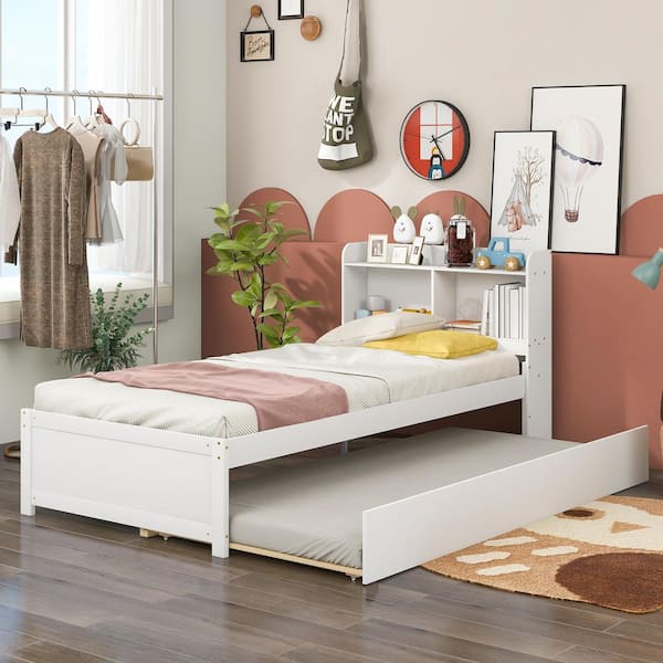 URTR 42 in.W White Twin Size Bed with Trundle and Bookcase, Wood Platform Beds with Headboard Storage for Kids Teens Adults