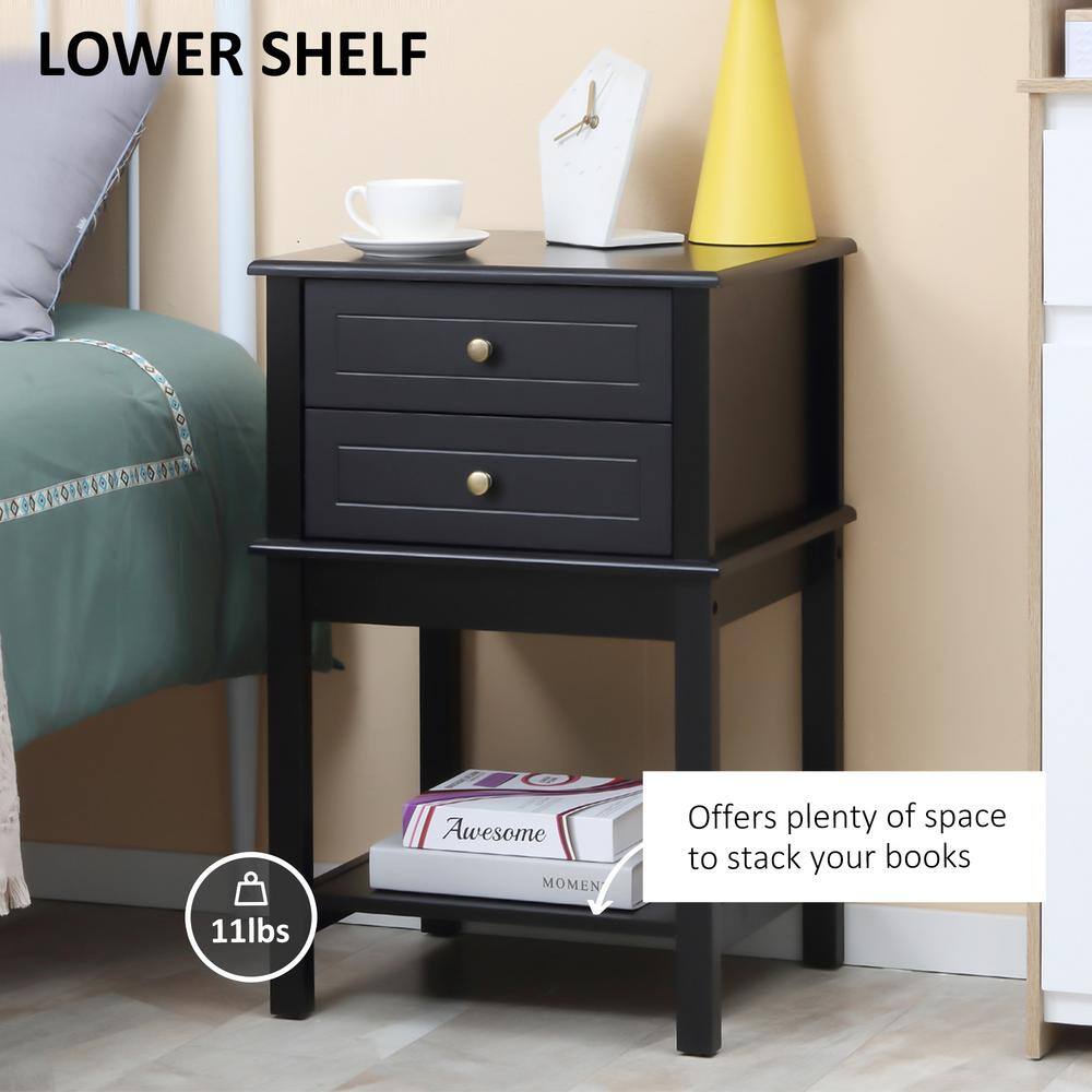 Modern Black Wood Side Table with Dual Storage Drawers and Shelf