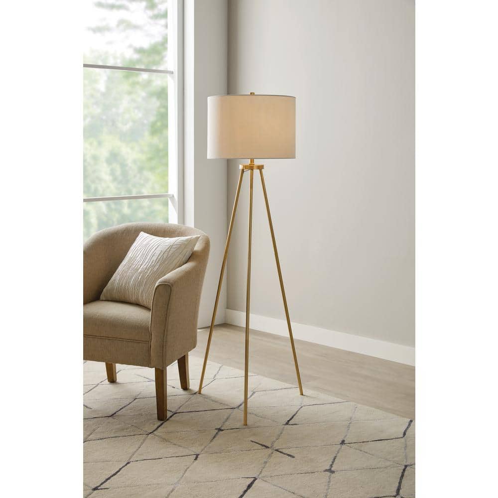Hampton Bay Quinby 58 in. Gold Tripod Floor Lamp with White Fabric