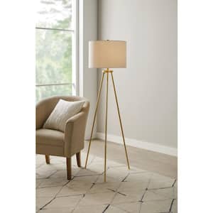 Quinby 58 in. Gold Tripod Floor Lamp with White Fabric Shade