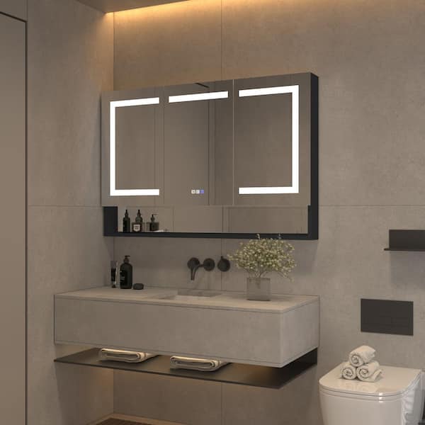 OLUMAT 48 in. W x 32 in. H Rectangular LED Anti-Fog Medicine Cabinet with Mirror, External Shelf