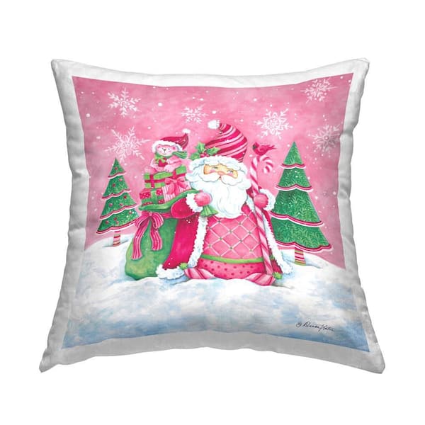Stupell Industries Pink Santa Snowscape Pink Abstract Polyester 18 in. x 18 in. Throw Pillow