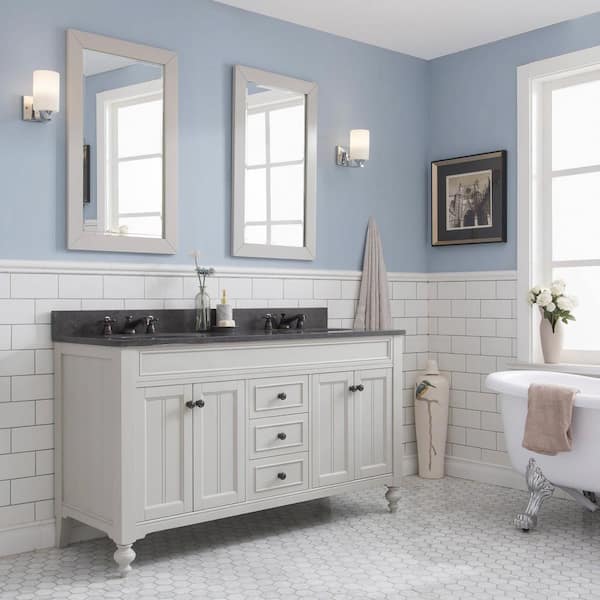 Water Creation Potenza 60 in. W x 33 in. H Vanity in Ivory Grey with Granite Vanity Top in Blue Limestone with White Basins