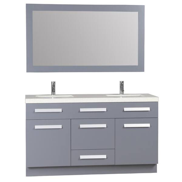 Design Element Moscony 60 in. W x 22 in. D Double Vanity in Gray with Quartz Vanity Top in White with White Basin and Mirror