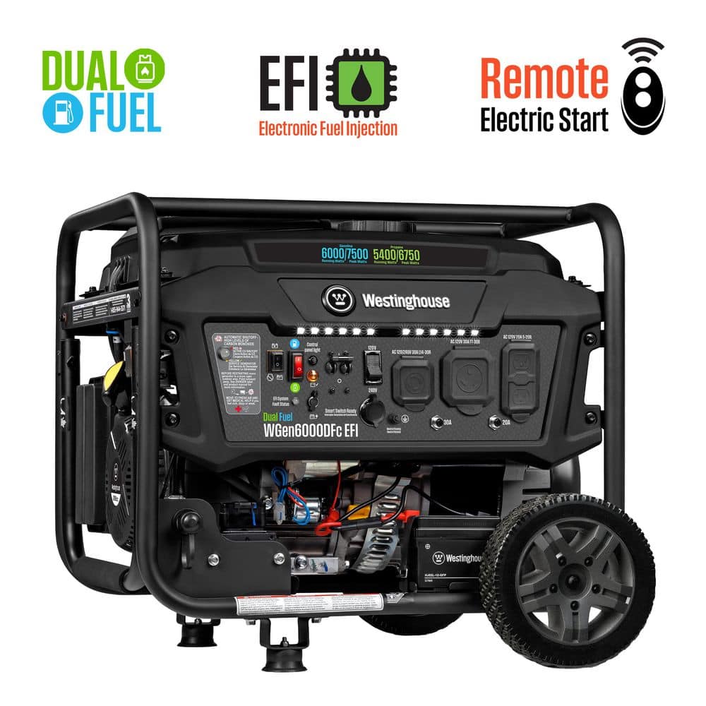 Westinghouse 7,500/6,000-Watt Remote Electric Start Dual Fuel Gas and Propane Powered EFI Portable Generator with 30A 120/240V Outlet