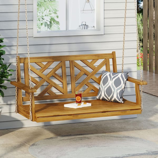 2-Person Brown Wood Metal Porch Swing