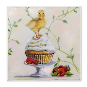 "Baby Duck on Raspberry Cupcake Painting" by Karen Weber Fine Art Unframed Animal Wood Wall Art Print 12 in. x 12 in.