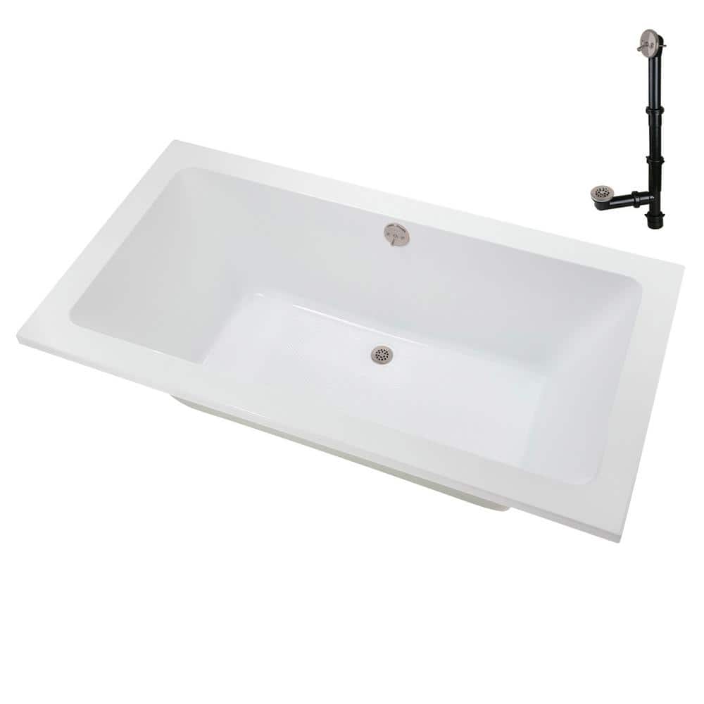 60" x 32" Glossy White Acrylic Soaking Drop-In Bathtub with Brushed Nickel Drain