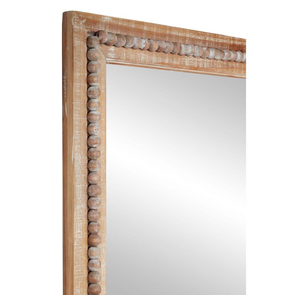 Light Brown Bohemian Wood Rectangular Wall Mirror with Beaded Detail