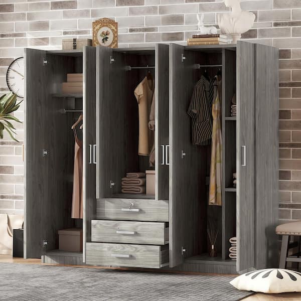 6-Door Gray Wood 70.9 in. Wardrobe with Drawers