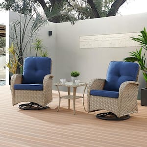 3-Piece Gray Wicker Patio Conversation Set with Blue Cushions and Coffee Table All-Weather Swivel Rocking Chairs
