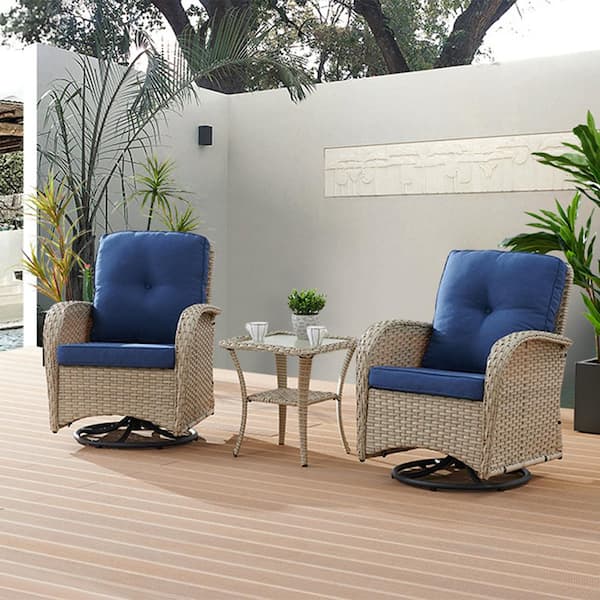 Pocassy 3-Piece Gray Wicker Patio Conversation Set with Blue Cushions and Coffee Table All-Weather Swivel Rocking Chairs