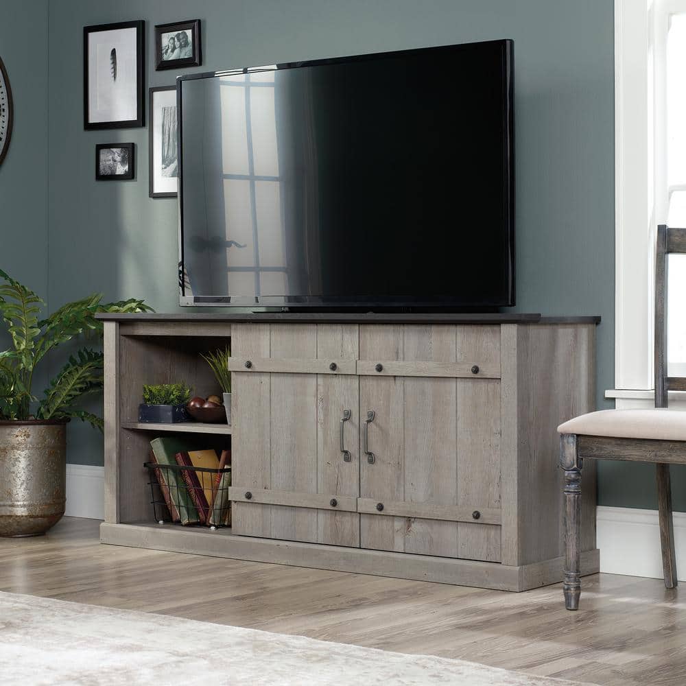 Mystic Oak and Raven Black 70" Farmhouse TV Stand with Barn Doors