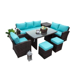 Victoria Brown 7-Piece Wicker Outdoor Patio Conversation Seating Sofa Set with Cyan Blue Thick Cushions