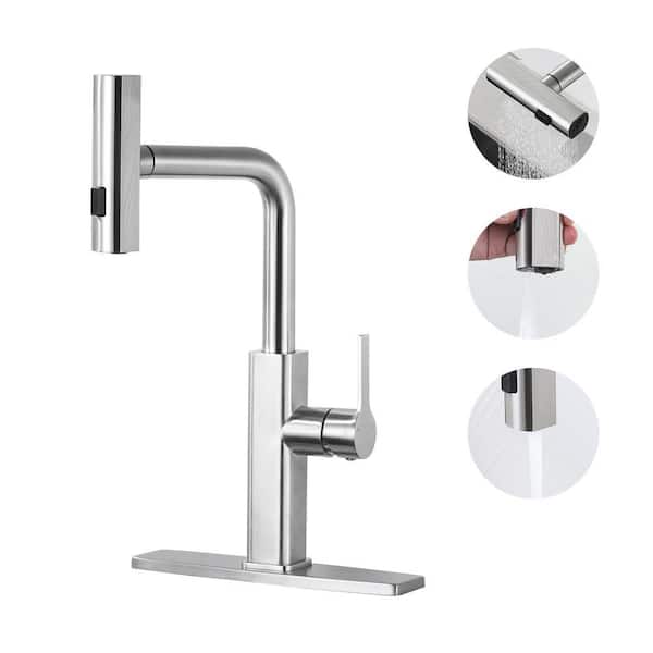 Waterfall 3-Mode Single Handle Pull Down Sprayer Kitchen Faucet with Advanced Spray, Deckplate in Brushed Nickel