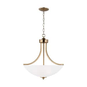 Geary Medium 3-Light Satin Brass Traditional Contemporary Shaded Pendant with Satin Etched Glass Shade