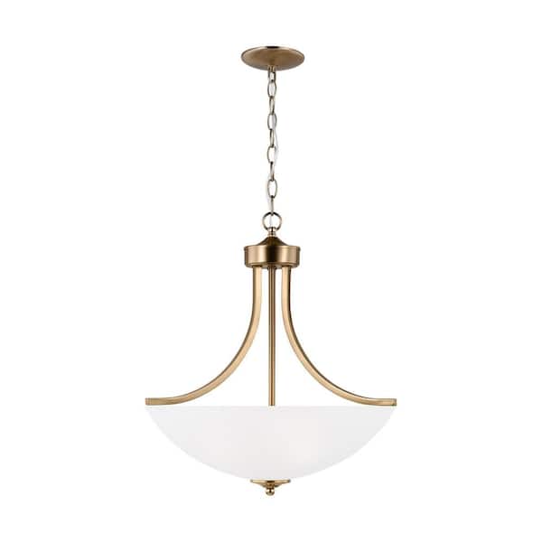 Generation Lighting Geary Medium 3-Light Satin Brass Traditional Contemporary Shaded Pendant with Satin Etched Glass Shade and LED Bulb