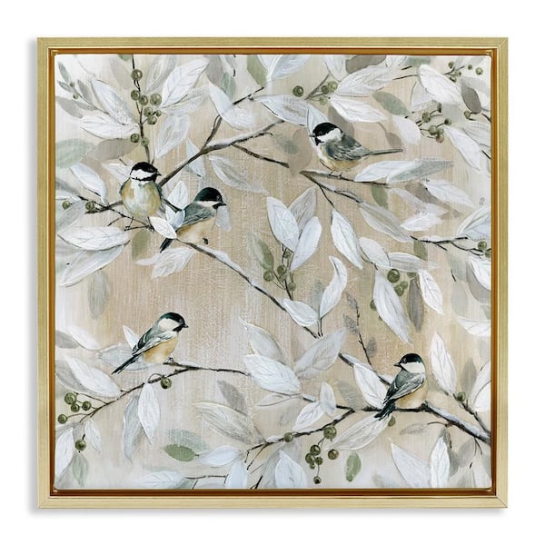Stupell Industries Chickadee Birds on Branches by Carol Robinson 1-Piece Gold Floater Frame Nature Graphic Art print 18 in. x 18 in.