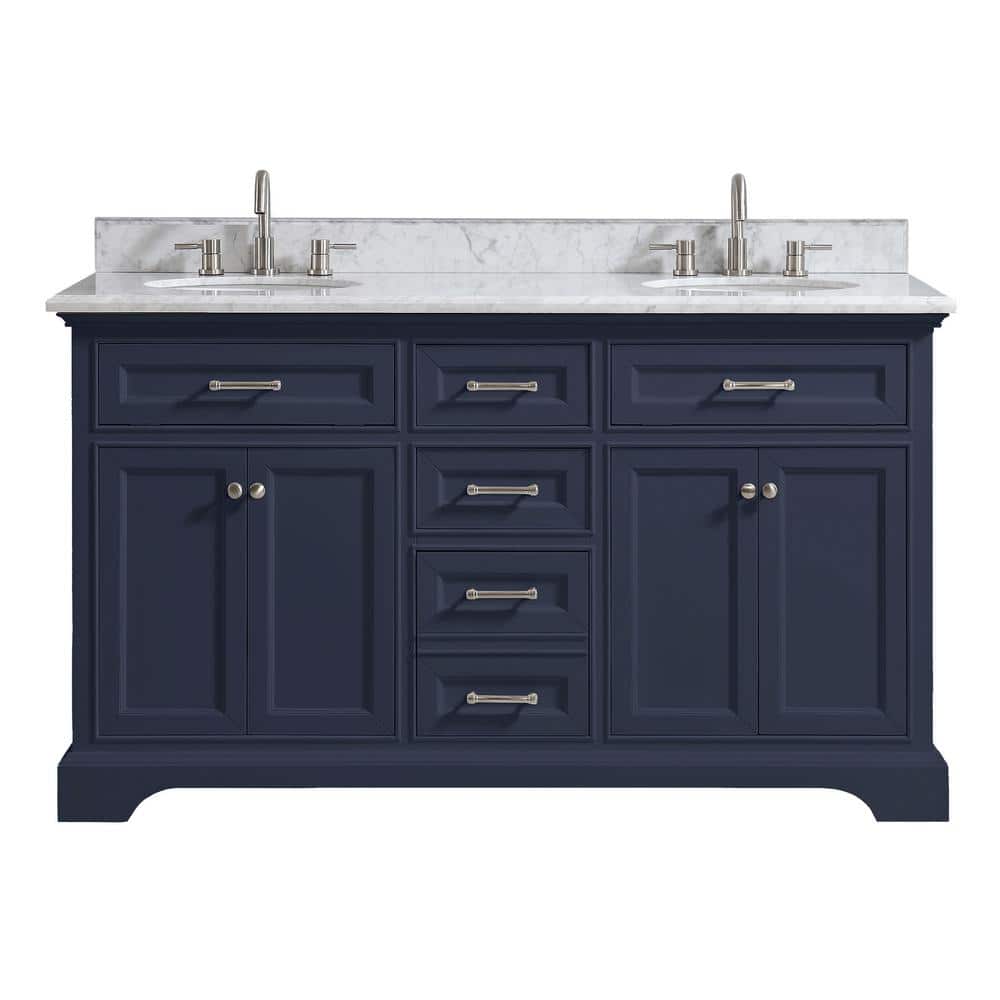 Home Decorators Collection Windlowe 61 In W X 22 In D X 35 In H Bath Vanity In Navy Blue With Carrara Marble Vanity Top In White With White Sink 15101 Vs61c Nb The