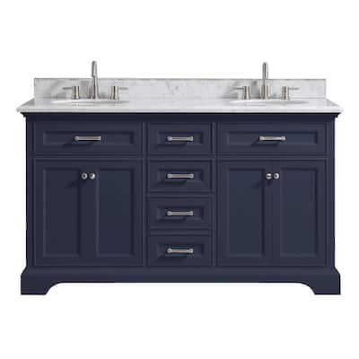 Windlowe 61 in. W x 22 in. D x 35 in. H Bath Vanity in Navy Blue with Carrara Marble Vanity Top in White with White Sink