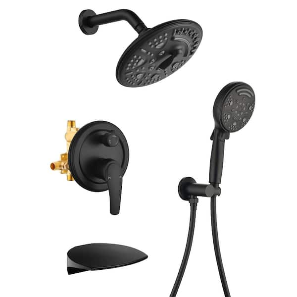 AIMADI Single Handle 9-Spray Waterfall Tub and Shower Faucet 1.8 GPM Wall Mounted Shower System in Matte Black Valve Included