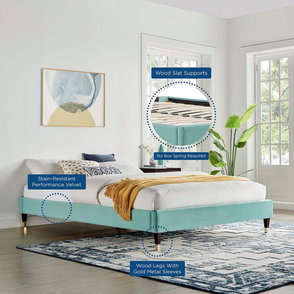 Harlow Glam Deco Aqua Performance Velvet Queen Bed Frame