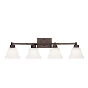 Langford 35 in. 4-Light Olde Bronze LED Transitional Bathroom Vanity Light Bar with Satin Etched White Glass