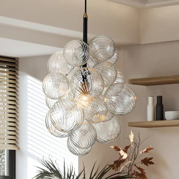 Rennnsan Jean 1-Light Black with Gold Modern Cluster Clear Swirled Glass Globe Bubble Chandelier