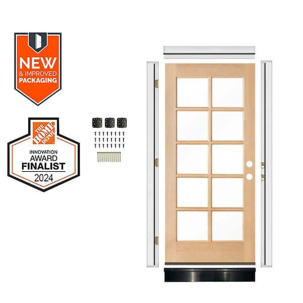 DIY 36 in. x 80 in. French Left-Hand 10-Lite Clear Glass Unfinished Hemlock Wood Front Door Kit w/ Quick Assemble Jamb