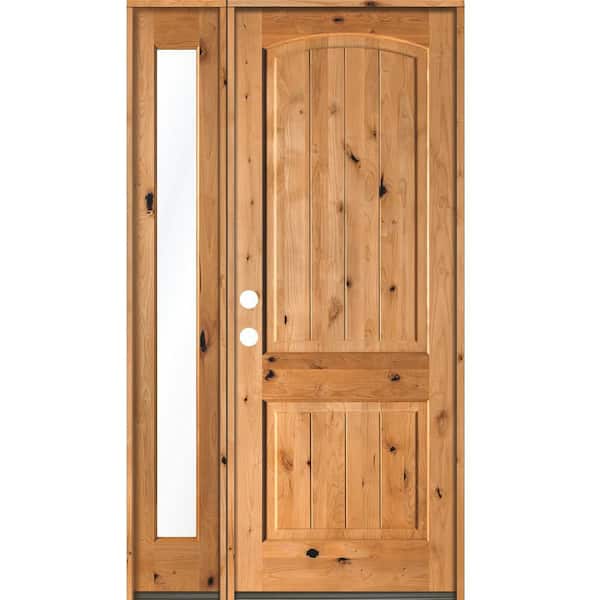 Krosswood Doors 44 in. x 96 in. Rustic knotty alder Sidelite 2 Panel Right-Hand/Inswing Clear Glass Clear Stain Wood Prehung Front Door