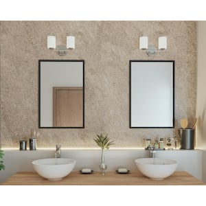 Replay Collection 13 in. 2-Light Brushed Nickel Etched White Glass Modern Bathroom Vanity Light