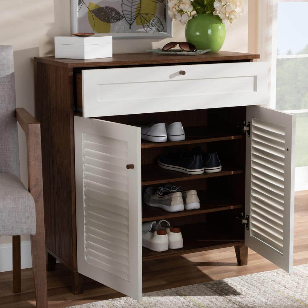 Coolidge White and Walnut Wood Shoe Storage Cabinet with Drawer