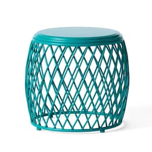 19 in. Diameter x 17 in. Height Outdoor Teal Metal Side Table for Porch, Balcony, Lawn