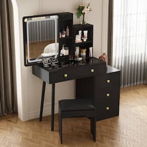Black Wood Makeup Vanity Set Dressing Table with Glass Top, Square Sliding LED Lighted Mirror, 4-Drawers and Stool