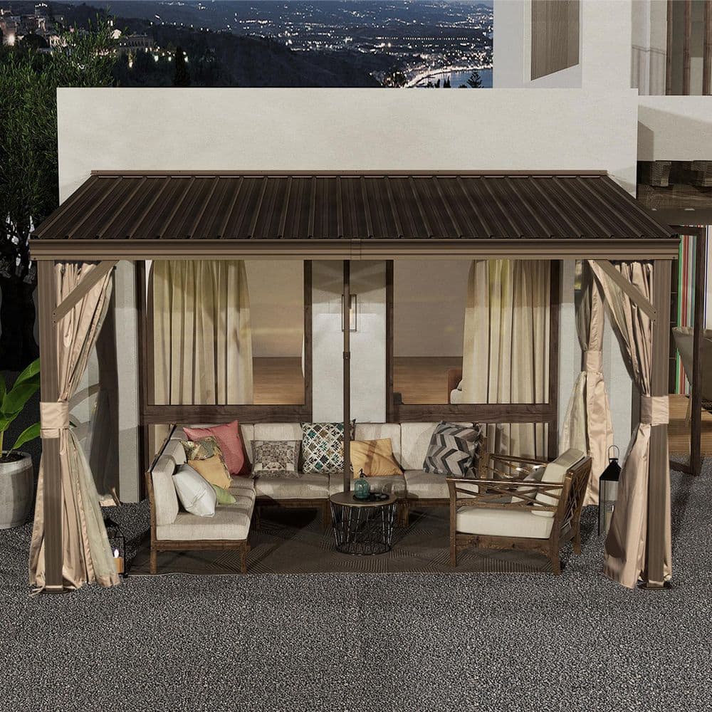 8' x 12' Brown Aluminum Wall-Mounted Patio Gazebo with Curtains