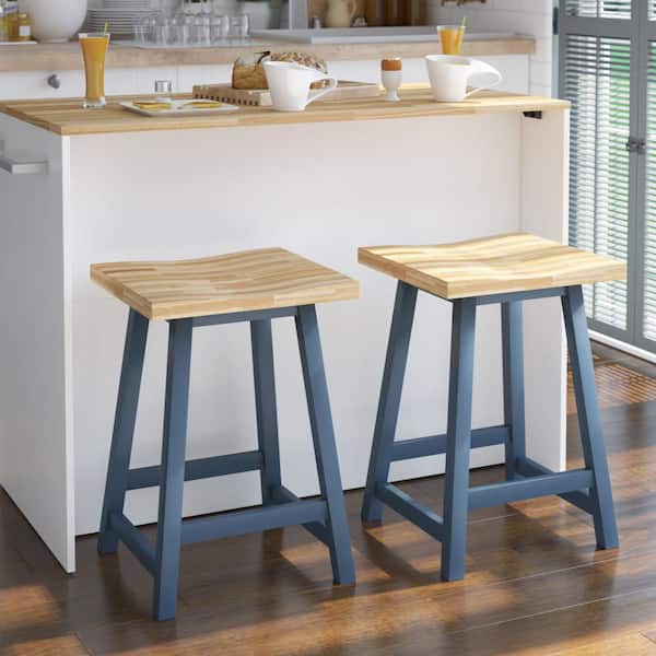 24 in. Franklin Blue Backless Wood Counter Height Bar Stools (Set of 2)