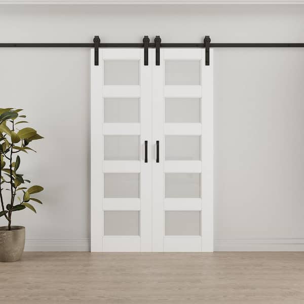 48 in. x 80 in. 5-Lite Tempered Frosted Glass White Primed MDF Sliding Barn Door with Hardware Kit (Soft Close Include)
