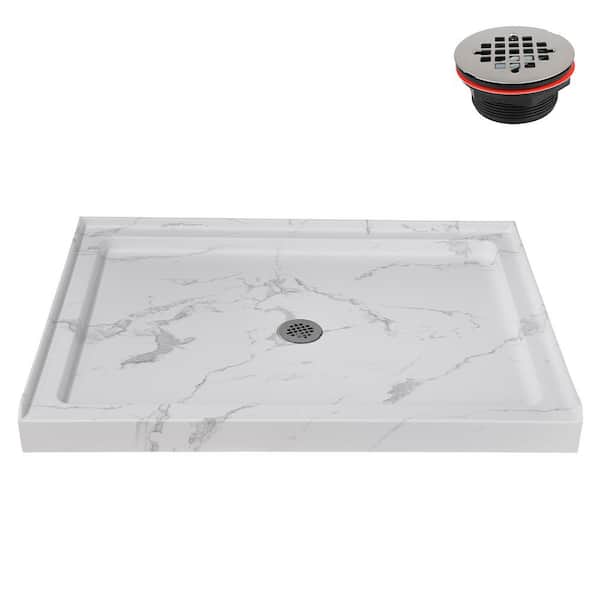 48 in. x 36 in. Alcove Acrylic Shower Pan Base in Matte Marble with Center Drain, Drain Included