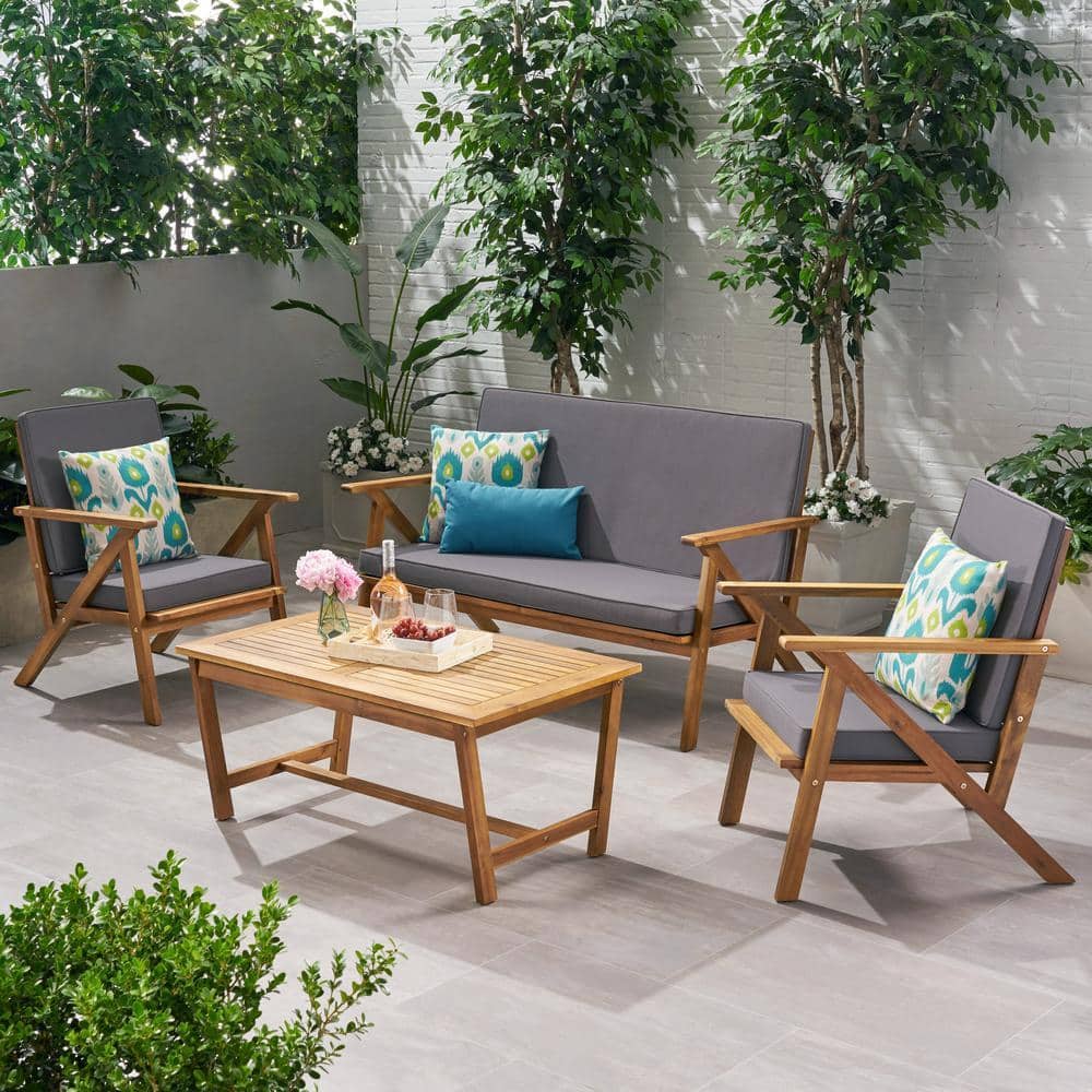 Tenleaf 4-Piece Brown Wood Patio Conversation Set with Gray Cushions ...