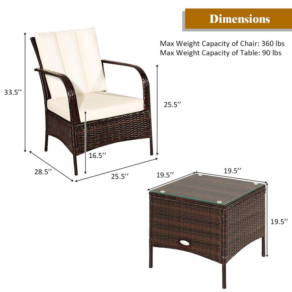 3-Piece Beige Rattan Patio Set with Cushions and Glass Table
