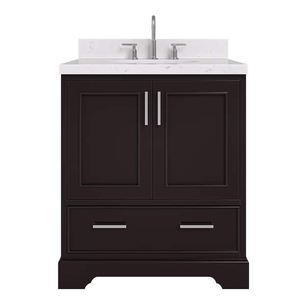 Stafford 30 in. W x 22 in. D x 36 in. H Single Freestanding Bath Vanity in Espresso with Carrara White Quartz Top