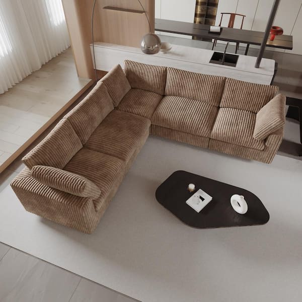J&E Home Oversized 118 in. W Square Arm Rabbit Velvet Plush Modular Sofa in. Brown