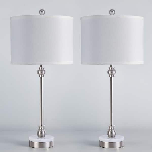 Maxax Cleveland 28 in. Silver Marble Table Lamp with White Linen Lampshade USB/Type-C ports. (2-Pack)