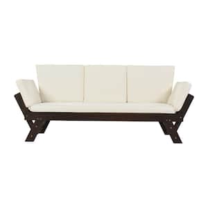 Wood Adjustable Outdoor Loveseat Day Bed Sofa Patio Chaise Lounge with Beige Cushions