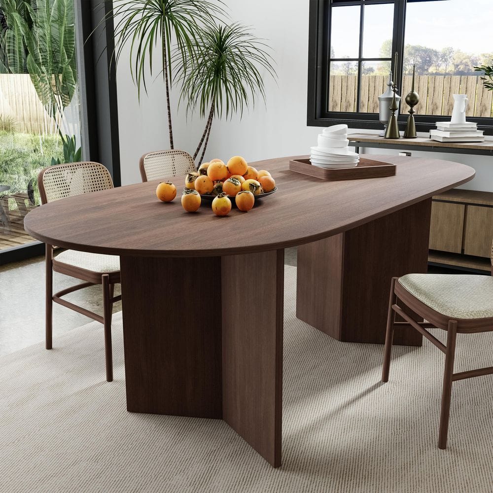 Modern Farmhouse Oval Solid Walnut Wood 67 in. W Double Pedestal Base Kitchen & Dining Room Table Seats 4-6