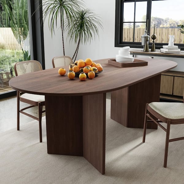 Modern Farmhouse Oval Solid Walnut Wood 67 in. W Double Pedestal Base Kitchen & Dining Room Table Seats 4-6