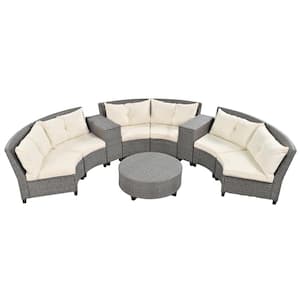 Brown 9-Piece Fan-Shaped Wicker Outdoor Sectional Set with Beige Cushions