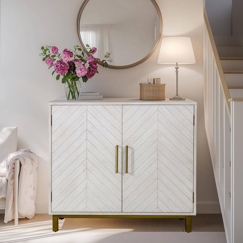 Gray Chevron Pattern Solid Wood Accent Cabinet with Brass Hardware