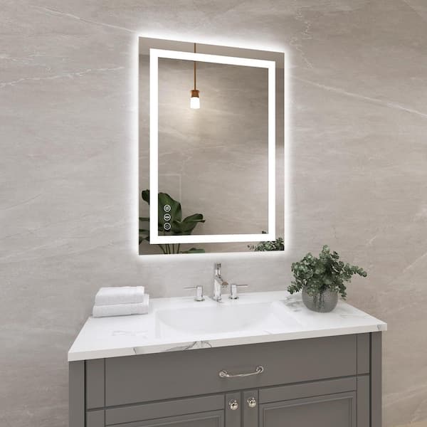 Klajowp 28 in. W x 20 in. H Small Rectangular Frameless Anti-Fog LED Light Wall Mounted Bathroom Vanity Mirror in White
